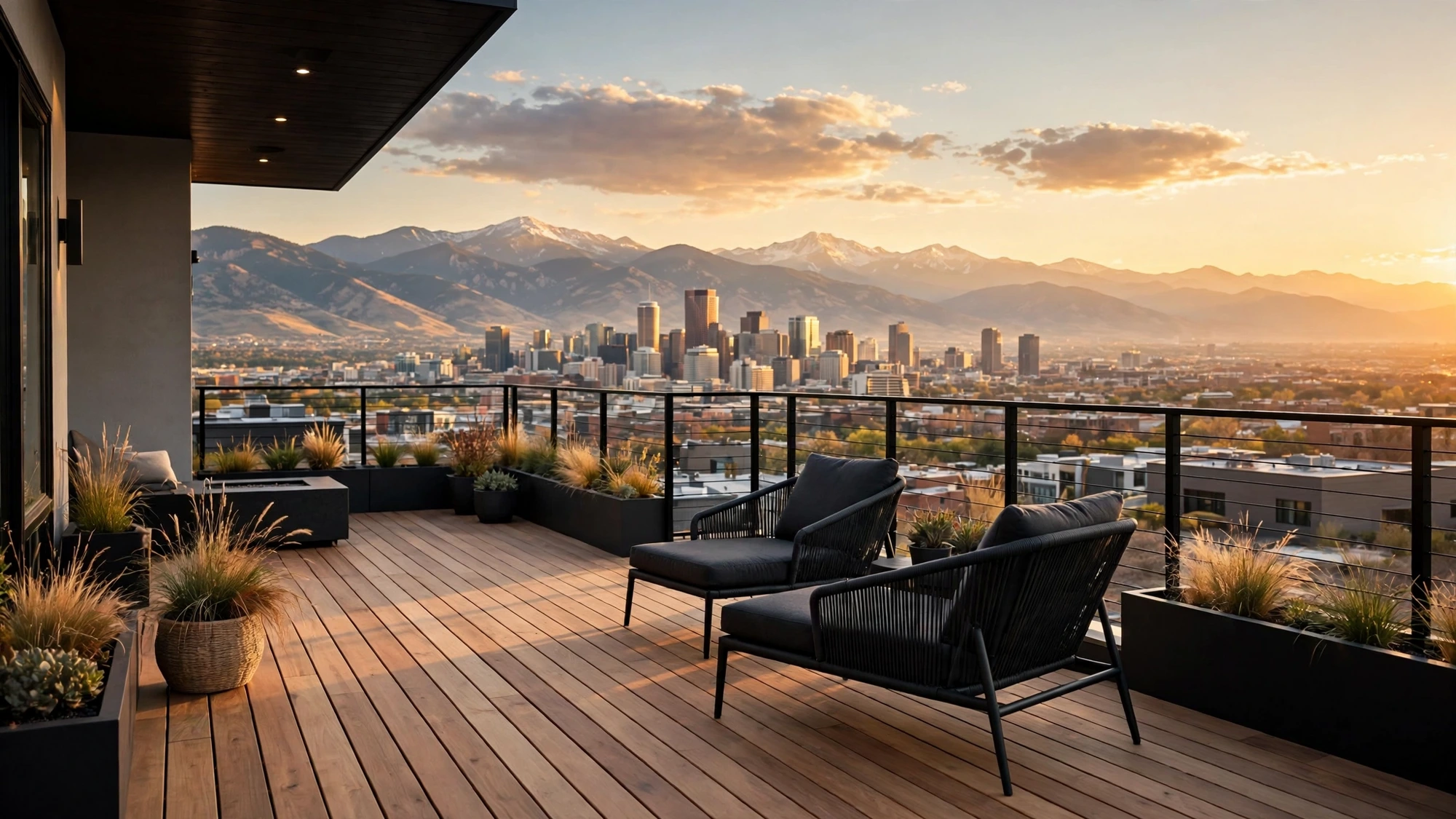 Denver rooftop deck overlooking downtown and the Front Range at sunset